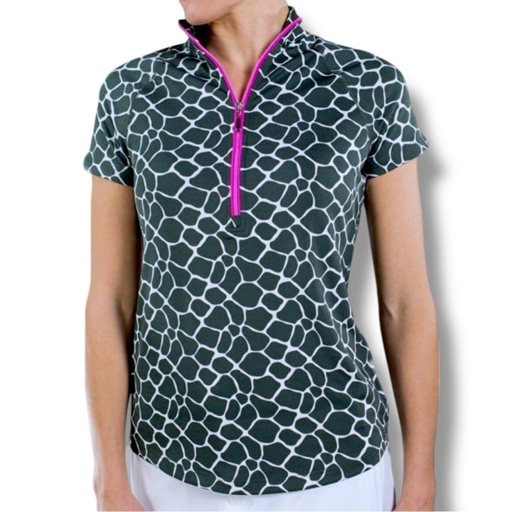 JOFIT Black/White Graphic Fitted Polo T-Shirt 3/4 Pink Zipper Women’sMedium EUC